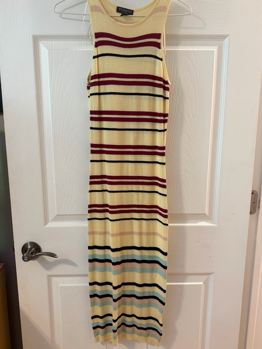 Revamped Yellow Striped Knit Tank Maxi Dress with Burgundy & Black Stripes